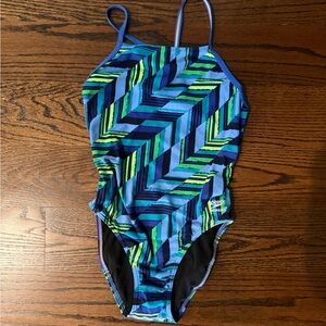 Speedo Teen One Piece Competition Swimsuit - Blue and Green Stripes size 6 / 32
